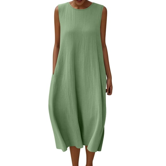 Ecqkame 2025 Women's Summer Dress Solid Color Round Neck Sleeveless Casual Dress Loose Wrinkle-Free Long Vacation Dress with Pockets Green XXL