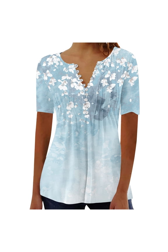 2025 Womens Fashion Floral Print Tops Summer Casual Short Sleeve Lightweight Outdoor Tops V Neck Button Pleated Tunic Blouses Blue XXL