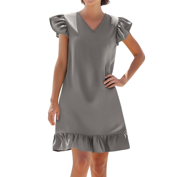 Ecqkame 2025 Womens Summer Dresses Solid Color V-Neck Ruffle Cap Vacation Dress Short Sleeve Pleated Hem Side Pockets Midi Dress Gray XXL