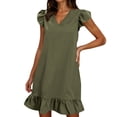 thumbnail image 1 of Ecqkame 2025 Womens Summer Dresses Solid Color V-Neck Ruffle Cap Vacation Dress Short Sleeve Pleated Hem Side Pockets Midi Dress Green L, 1 of 9