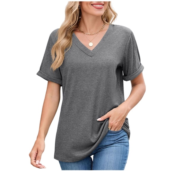 Ecqkame 3/4 Sleeve Tops For Womens Solid Color V Neck Pleated Shirts Fashion Tunic Spring Summer Tee Blouses Dark Gray XXL