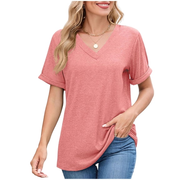 Ecqkame 3/4 Sleeve Tops For Womens Solid Color V Neck Pleated Shirts Fashion Tunic Spring Summer Tee Blouses Pink XL