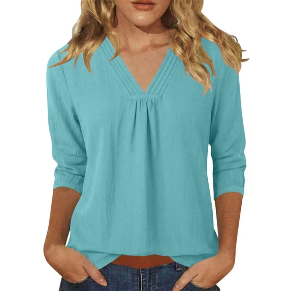 Ecqkame 3/4 Sleeve Tunic Tops for Women V Neck Collared Cotton Linen Shirts Work Blouses Dressy Casual Blouses Green XL