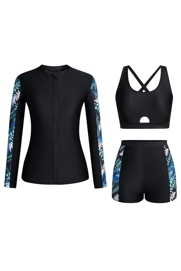 3 Piece Swimsuit Sets for Womens Printed Zipper Front Rash Guard with Built-In Bra Quick-Dry Shorts for Surfing Beach Vacation Black S