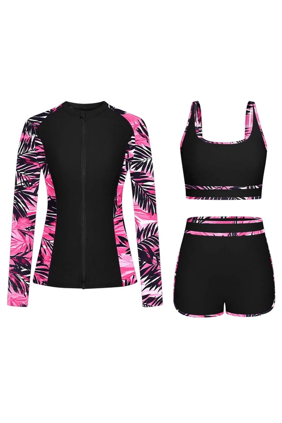3 Piece Swimsuit Sets for Womens Printed Zipper Front Rash Guard with Built-In Bra Quick-Dry Shorts for Surfing Beach Vacation Hot Pink L