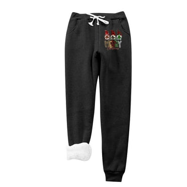 Ecqkame Women's Christmas Winter Warm Fleece Joggers Pants Elastic High Waist Athletic Active Sweatpants with Pocket A-Black L on Clearance