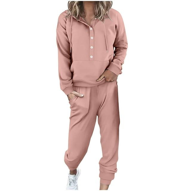 Ecqkame Active Wear Sets for Women Jogging Suits Casual Sweatsuits Long Sleeve Hooded Sweatshirts and Sweat Pant with Pocket Pink XXXL on Clearance