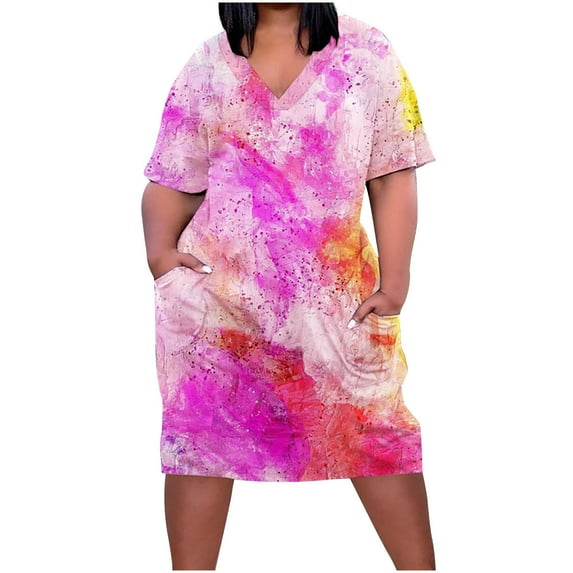 Ecqkame African Dresses for Women Plus Size Dress Casual V Neck Summer Casual Sundresses Pocket Knee Short Sleeve With Pockets on Clearance