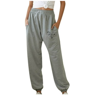 Ecqkame Hiking Sweatpants Women Drawstring High Elastic Waisted Ankle Binding Sweatpants Heart Print Solid Color Jogging Work Pants with Pockets B-Gray S on Clearance