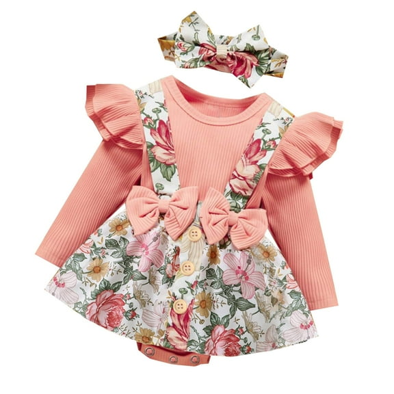 Ecqkame Baby Girl Rompers Long Uffled Flutter-Sleeve Crew Neck Sweater & Bowknot Suspender Skirt & Bowknot Headband 3Pc Sets 3Pc A-Pink 110