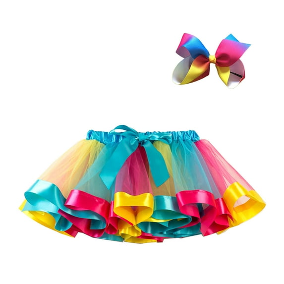 Ecqkame Baby Girls SkirtToddler Baby Girls Cute Rainbow Net Yarn Princess Pettiskirt Multi-color Skirt Bow Hairpin Set Blue 2-4Years