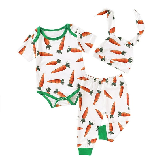 Ecqkame Baby Rompers Easter Baby Girls Short-sleeved Carrot Print Romper Jumpsuit Pants+Ear Cap Three-piece Set White 0-6 Months
