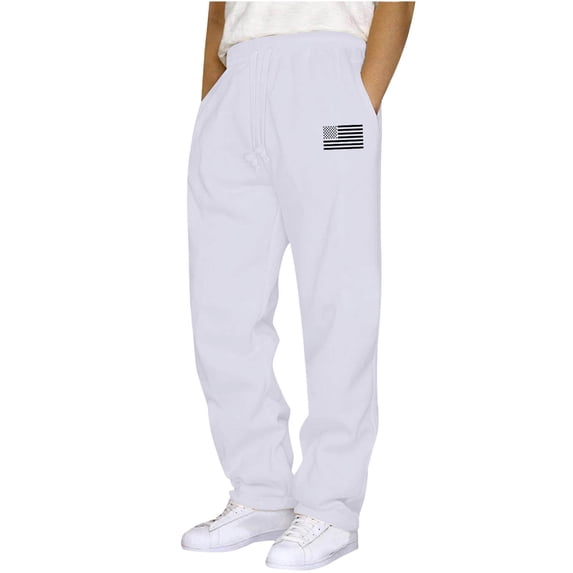 Ecqkame Baggy Sweatpants for Men Casual Jogger Drawstring Elastic Waist Pants Solid Color Leather Label Sports Pants with Pockets White XXL