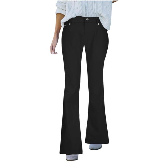 Ecqkame Bell Bottom Jeans for Women Skinny Flared Elastic High Waisted Imitation Denim Pants Vintage Classic Stretchy Wide Leg Pant Black XXL
