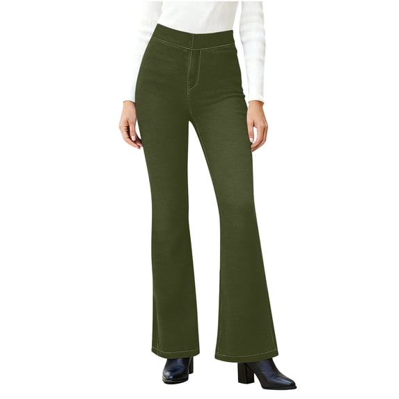 Ecqkame Bell Bottom Jeans for Women Stretchy Skinny Elastic High Waist Pants Casual Solid Color Flare Denims Pant Army Green M