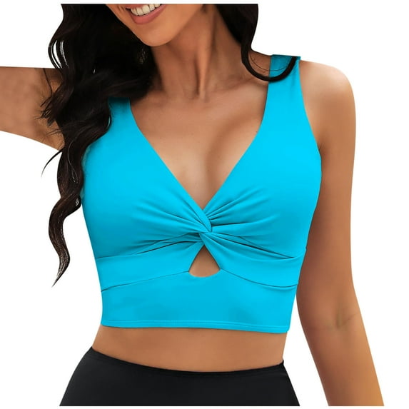 Ecqkame Bikini Tops for Women Cropped Tankini Tops Solid Push Up Bathing Suit Tops Padded Knot Twist Cut Out Tank Swimwear Top Sky Blue XL