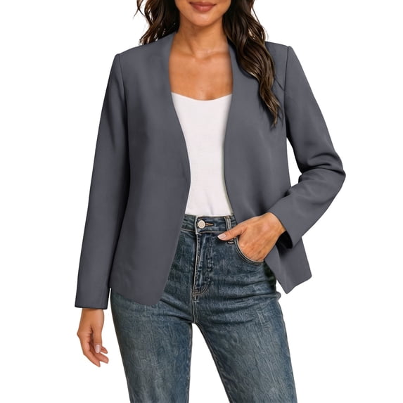 Ecqkame Blazer Jackets for Women Open Front Solid Casual Long Sleeve Lapel Suit Coats Office Business Daily Outerwear Dark Gray XL