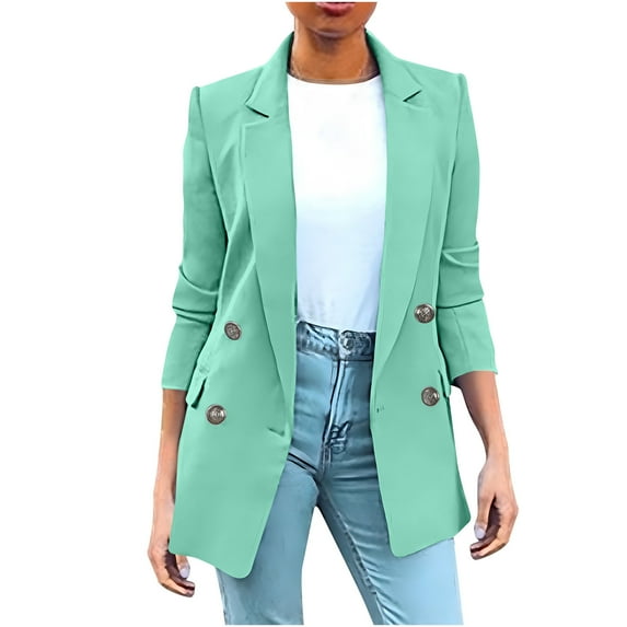 Ecqkame Blazers For Women Business Casual Notch Lapel Solid Color 3/4 Sleeve Suit Jacket Slim Button Work 0Ffice Open Front Coats D-Green XXXXXL