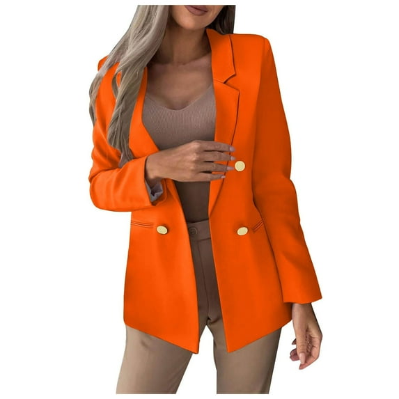 Ecqkame Blazers For Women Casual Business Notch Lapel Solid Color Slim Jackets Long Sleeve Double Breasted Suit Coat Orange L