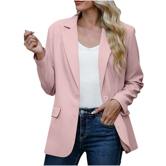 Ecqkame Blazers for Women Business Casual Casual Long Sleeve Open Front Blazers Office Jacket with Shoulder Pads Fall Pink S