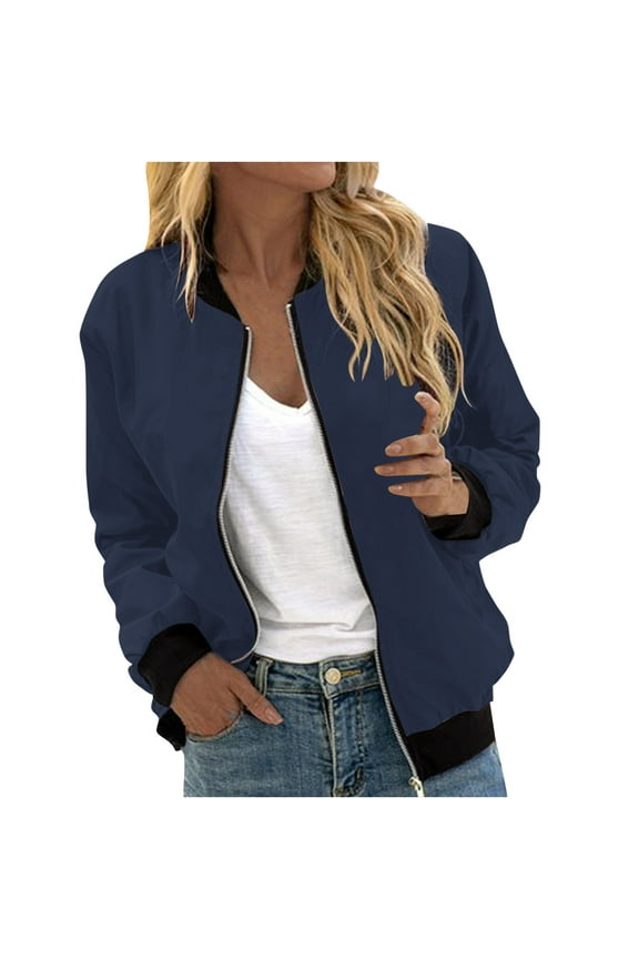Bomber Jacket for Women Loose Long Sleeved Zip Up V Neck Jecket Casual Knitted Baseball Jacket Navy M
