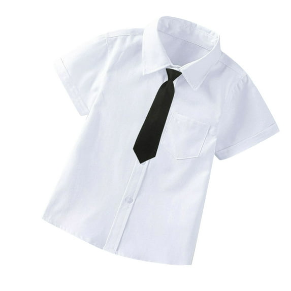 Ecqkame Boy'S Short Sleeve Dress Shirt with Tie Childrens Cotton Turndown Collar formal Solid Jacket A-White 8-9 Years
