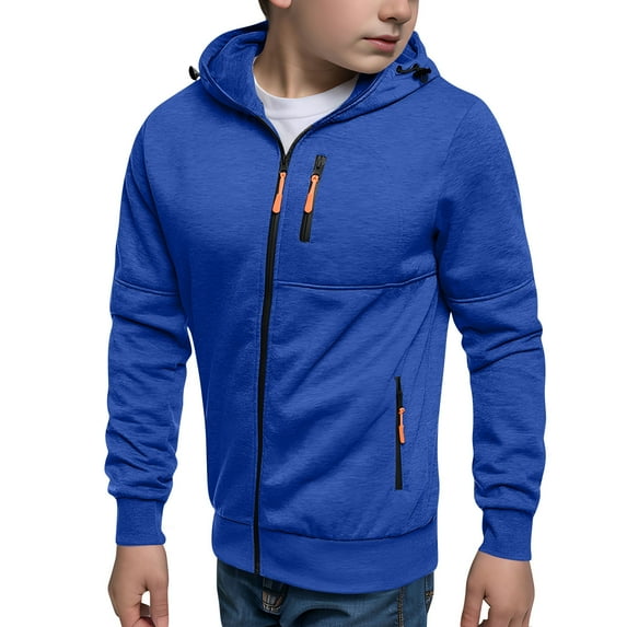 Ecqkame Boys Sports Hoodies Casual Loose Zipper Solid Pullover Tops Lightweight Handsome Everyday Sweatshirts 4-15 Years Blue 13 Year