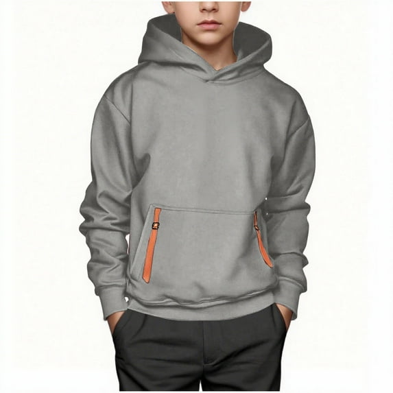 Ecqkame Boys Sports Hoodies Casual Loose Zipper Solid Pullover Tops Lightweight Handsome Everyday Sweatshirts 4-15 Years Gray 8-9 Year