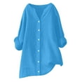 thumbnail image 1 of Ecqkame Button Up Tops for Women Trendy Linen V-Neck Long Sleeve Shirts Loose Casual Summer Plus Size Tops for Women Acid blue XXXXL, 1 of 3