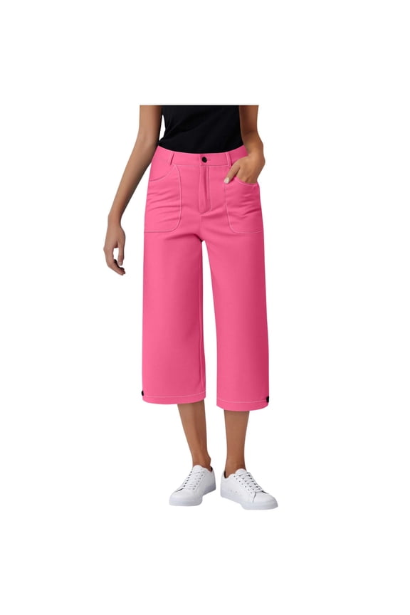 Capri Pants for Women Casual Cropped Solid Color Button Yoga Pants with Pockets Loose Tummy Control High Waist Capris Pants Hot Pink