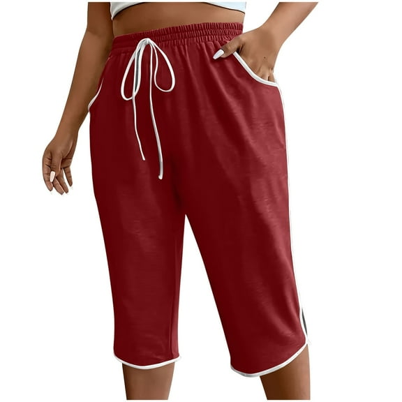 Ecqkame Capri Pants for Women High Waist with Pockets Solid Color Workout Pants Loose Drawstring Straight Leg Pants with Pockets 01-Wine 01-01-Wine