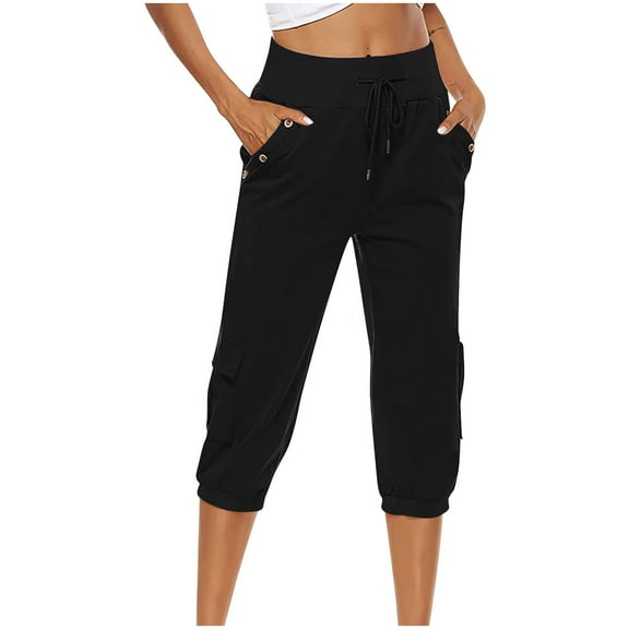 Ecqkame Capris for Women Casual Summer Fashion Womens Casual Solid Color Elastic Loose Pants Straight Wide Leg Trousers With Pocket Black M