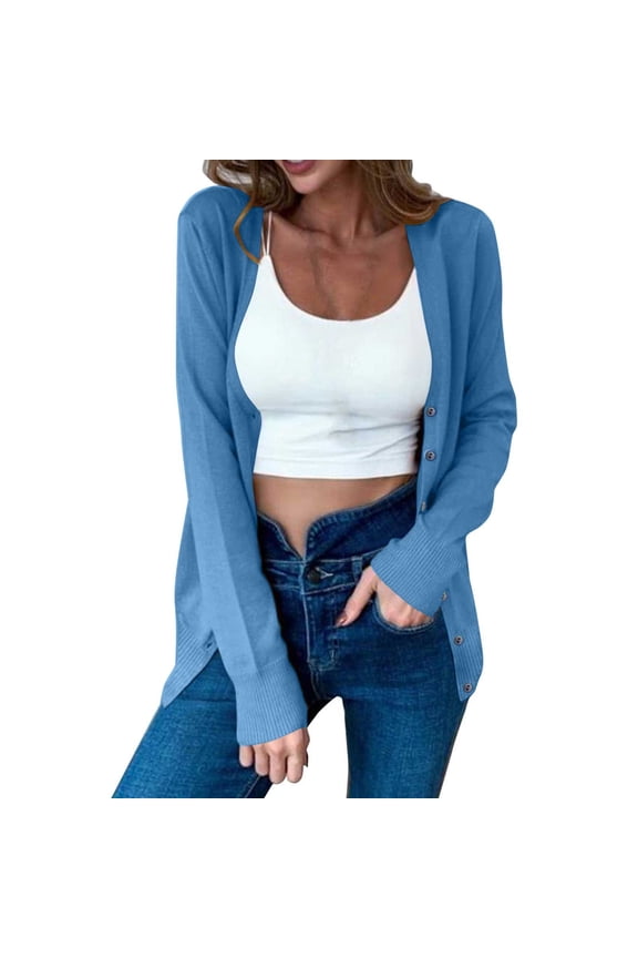 Cardigan Sweaters For Women Fall Knitted V-Neck Button Up Open Front Sweater Solid Long Sleeve Lightweight Jaclet Blue M