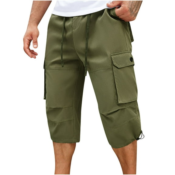 Ecqkame Cargo Pants For Men Summer Fashion Sports Elastic Drawstring Workwear Shorts Multiple Pockets Straight-Leg Outdoor Half Pants 01-Army Green L