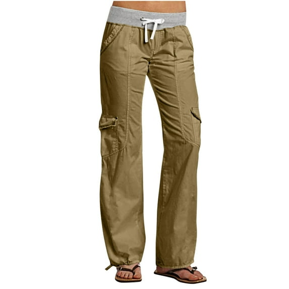 Ecqkame Cargo Pants Women Casual High Stretch Waisted Straight-Leg Pant Lightweight Hiking Outdoor Pants with Pockets Brown L on Clearance