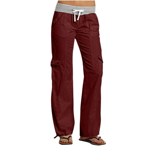 Ecqkame Cargo Pants Women Casual High Stretch Waisted Straight-Leg Pant Lightweight Hiking Outdoor Pants with Pockets Wine L on Clearance