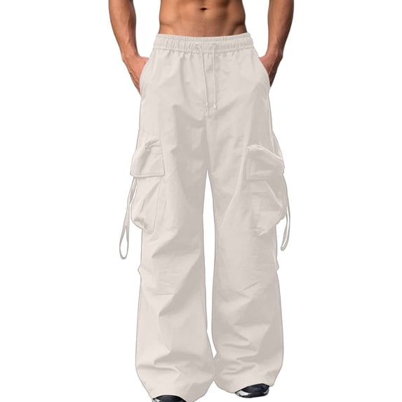Ecqkame Cargo Pants for Men Loose Straight Leg Elastic Waist Drawstring Casual Pant Multiple Pockets Outdoor Workout Versatile Pants Beige XS