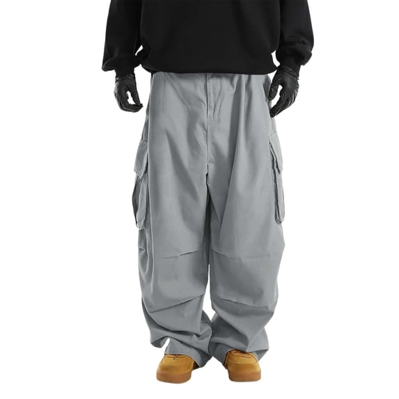 Ecqkame Cargo Pants for Men Loose Straight Leg Elastic Waist Drawstring Casual Pant Multiple Pockets Outdoor Workout Versatile Pants Gray M