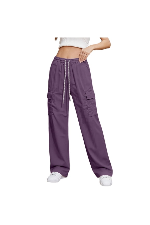 Cargo Pants for Women Straight Leg Elastic Waist Drawstring Athletic Pant Multi Pocket Outdoor Hiking Casual Work Trousers Purple XL