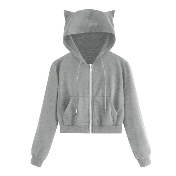 Ecqkame Casual Cute Ear Girls Hoodie Sweatshirt Women Casual Solid Long Sleeve Zipper Pocket Shirt Hooded Sweatshirt Tops Gray XL
