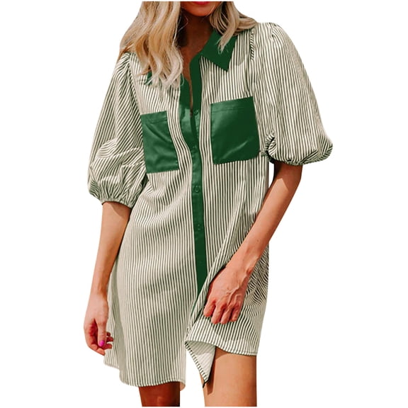 Ecqkame Casual Dresses for Women Button Down Striped Shirt Dresses with Pockets Summer Lapel Elbow-Length Sleeve Dresses Green M
