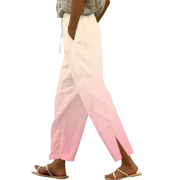 Ecqkame Casual Pants for Women High Waisted Elastic Waist Drawstring Pants Straight Leg Lightweight Trousers with Pockets 03-Pink 03-03-Pink