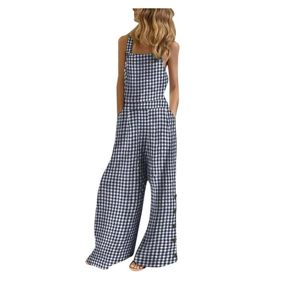 Ecqkame Casual Plaid Printed Sleeveless Polyester, Overalls (Women's S)