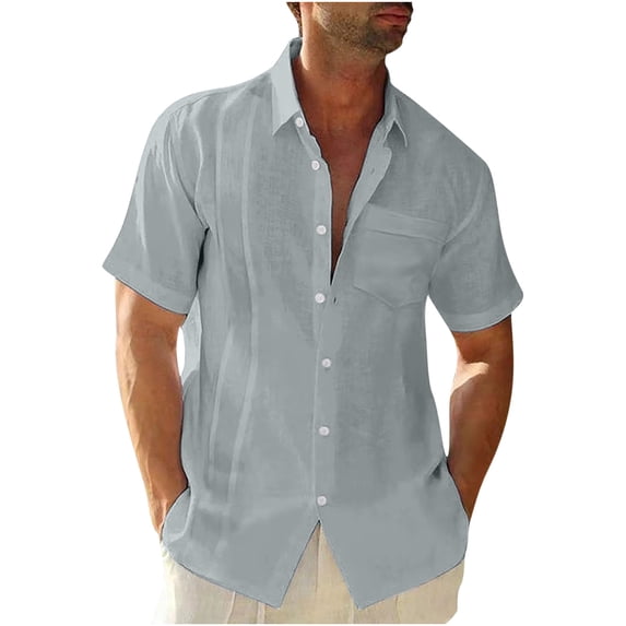 Ecqkame Casual Shirts for Men Summer Short Sleeve Cotton Linen Tops Turn-Down Collar Button Up Solid Color Beach Loose Blouse Gray XL