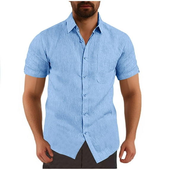 Ecqkame Casual Shirts for Men Summer Short Sleeve Tops Turn-Down Collar Button Up Solid Color Workout Blouse with Pocket Blue S