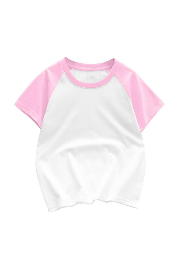 Childrens Short Sleeve Color Block Shirt Kids Cotton Crew Neck Casual Active Athletic Clothes Pink 140