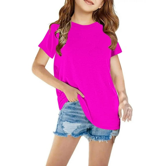 Ecqkame Childrens Short Sleeve Crew Neck Shirt Fashion Solid Color Summer Loose Casual Clothes for Girls Boys N-Hot Pink 7 Years