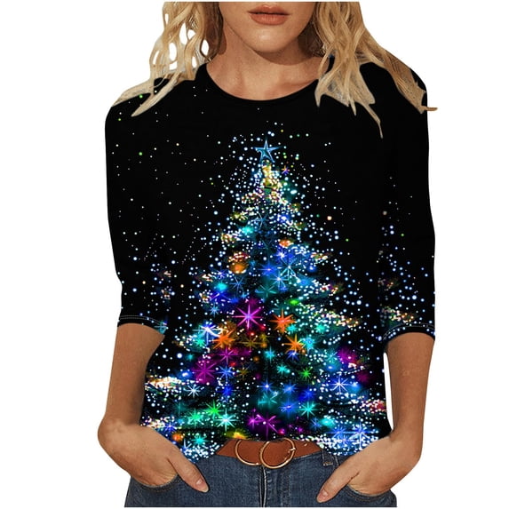 Ecqkame Christmas Shirts For Women Plus Size Funny Snowflake 3/4 Sleeve Tops Fashion Cute Crewneck Holiday Christmas Tree Shirt 02-Blue XXXXL
