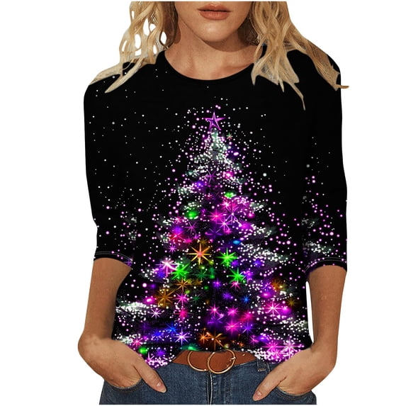 Ecqkame Christmas Shirts For Women Plus Size Funny Snowflake 3/4 Sleeve Tops Fashion Cute Crewneck Holiday Christmas Tree Shirt 02-Purple XXXXL
