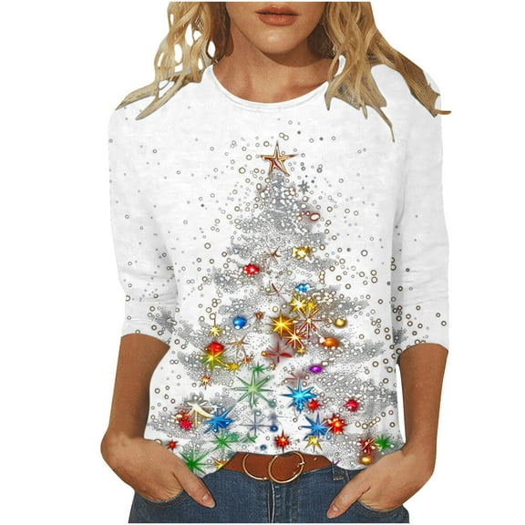 Ecqkame Christmas Shirts For Women Plus Size Funny Snowflake 3/4 Sleeve Tops Fashion Cute Crewneck Holiday Christmas Tree Shirt 05-White M